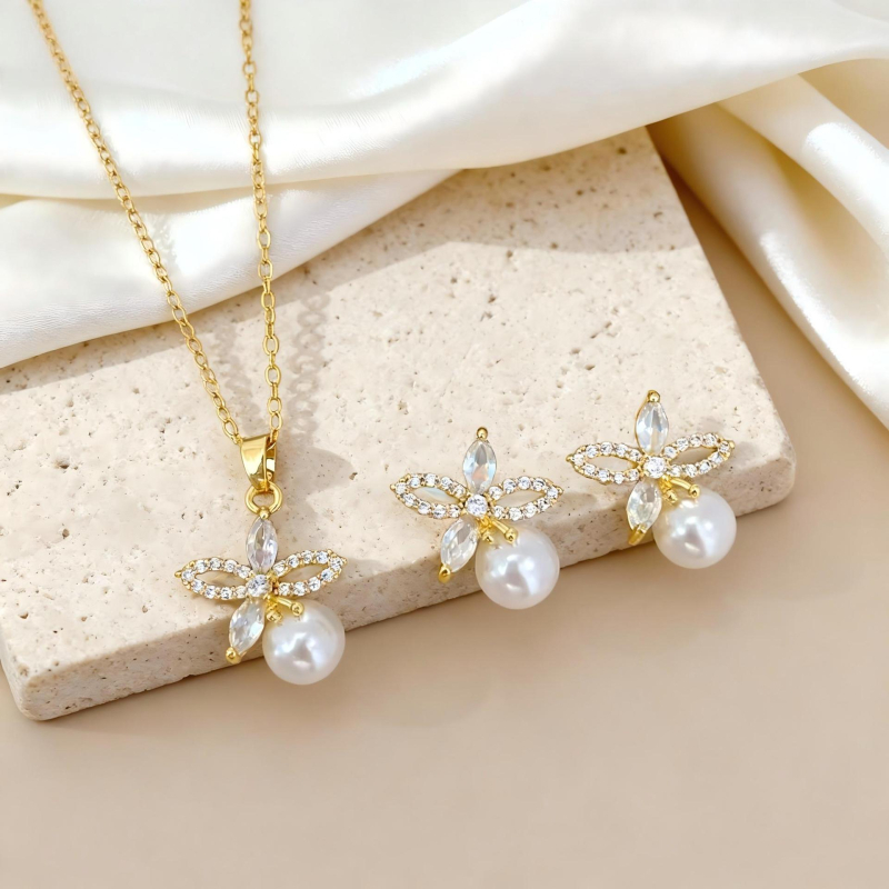 Set de bijuterii: cercei și colier | cupru, placare electroplată, lanț O, pandantiv din cupru, motiv floral, stil lux lejer