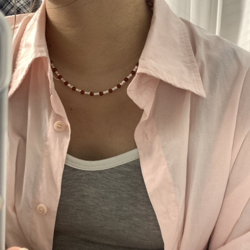 Saina S925 srebrni set ogrlice s bambusovim cijevnim lancem i crvenim ahatom za slojevito nošenje