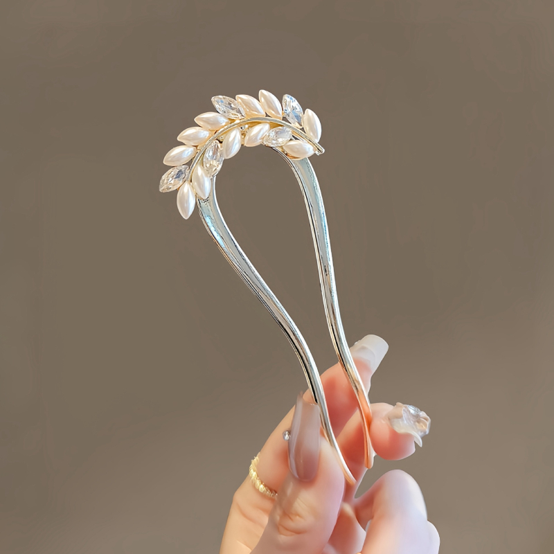 Ac de păr în formă de U – motiv de grâu, decor cu perle, aliaj, stil retro