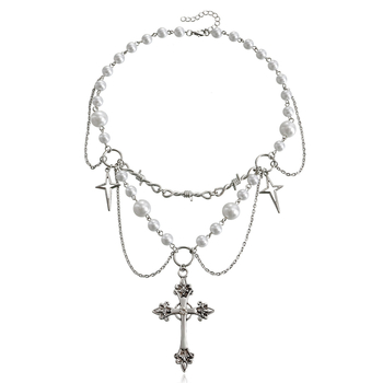 Gotičko višeslojno ogrlica s križem i ogrlicom s umjetnim biserima, choker, legura, elektroplatiranje, obična lančana ogrlica, opseg 51–80 cm
