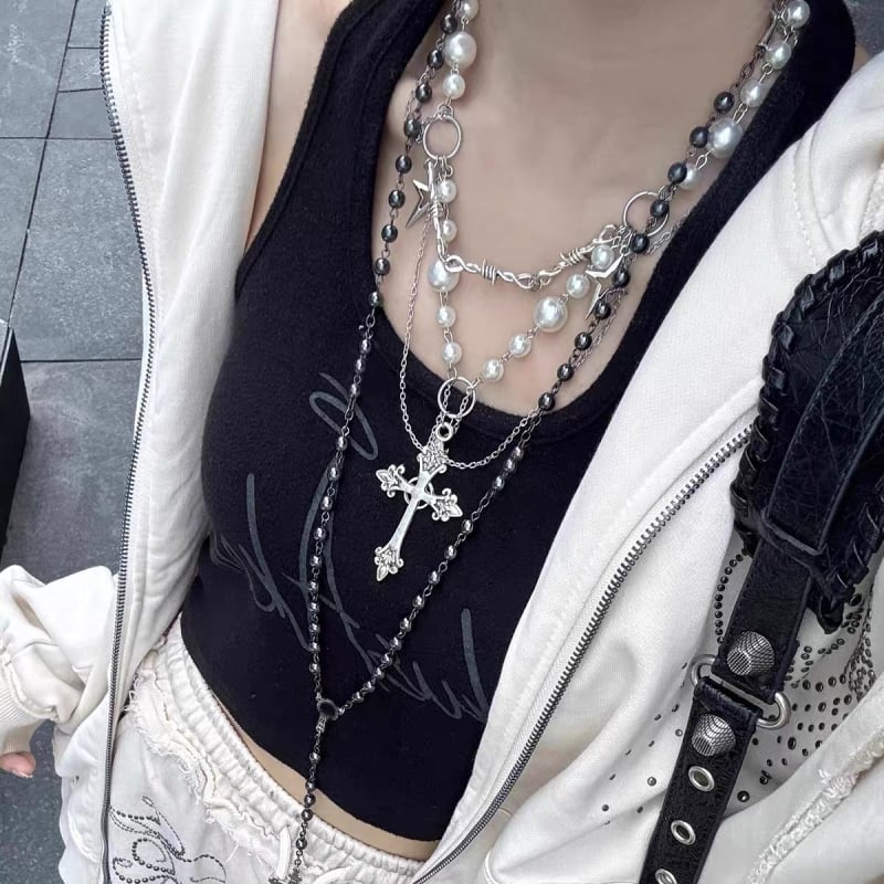 Gotičko višeslojno ogrlica s križem i ogrlicom s umjetnim biserima, choker, legura, elektroplatiranje, obična lančana ogrlica, opseg 51–80 cm