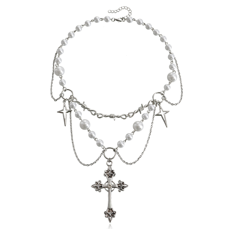 Gotičko višeslojno ogrlica s križem i ogrlicom s umjetnim biserima, choker, legura, elektroplatiranje, obična lančana ogrlica, opseg 51–80 cm