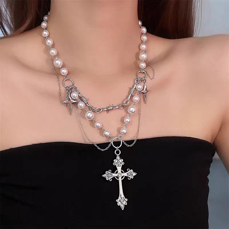 Gotičko višeslojno ogrlica s križem i ogrlicom s umjetnim biserima, choker, legura, elektroplatiranje, obična lančana ogrlica, opseg 51–80 cm