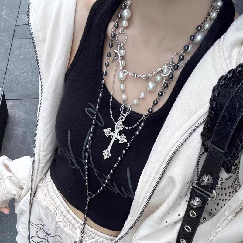 Gotičko višeslojno ogrlica s križem i ogrlicom s umjetnim biserima, choker, legura, elektroplatiranje, obična lančana ogrlica, opseg 51–80 cm