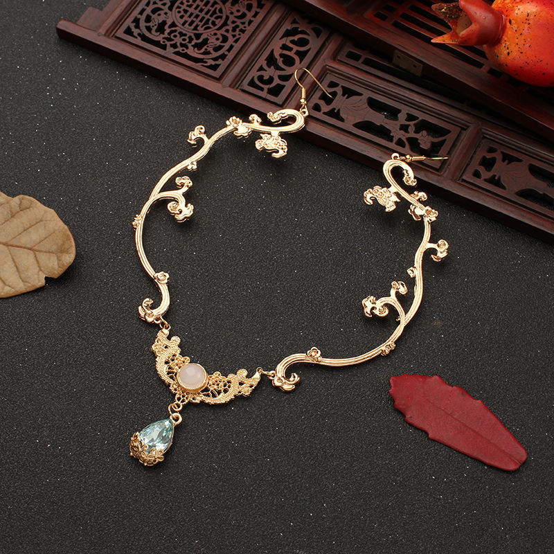 Plaukų aksesuaras iš lydinio, retro moterų stilus, lašo formos elnio ragų ornamentas, žalieji vaiduoklių kristalai, elektroplatingas