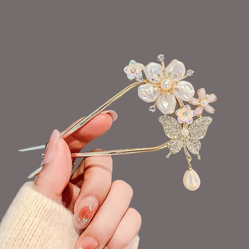 Agrafă de păr în formă de U cu floare din perle și ciucuri – aliaj, electroplacare, accesoriu de cap de înaltă clasă