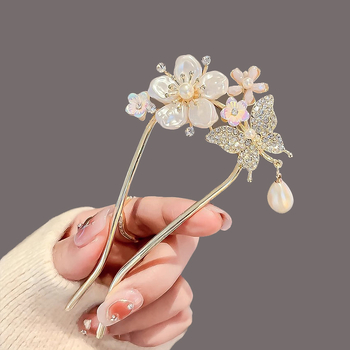 Agrafă de păr în formă de U cu floare din perle și ciucuri – aliaj, electroplacare, accesoriu de cap de înaltă clasă