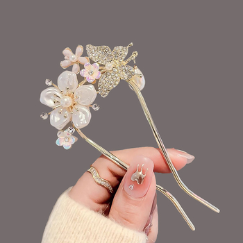 Agrafă de păr în formă de U cu floare din perle și ciucuri – aliaj, electroplacare, accesoriu de cap de înaltă clasă