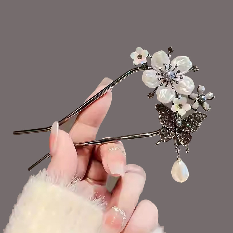 Agrafă de păr în formă de U cu floare din perle și ciucuri – aliaj, electroplacare, accesoriu de cap de înaltă clasă
