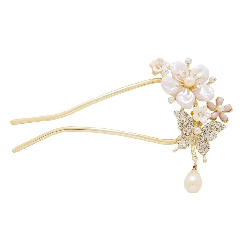 Agrafă de păr în formă de U cu floare din perle și ciucuri – aliaj, electroplacare, accesoriu de cap de înaltă clasă