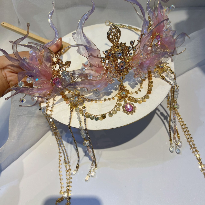 Galvos aksesuaras — Vintage undinėlės princesės plaukų vainikas su kutais ausų kabliukais, kvarco kristalas, rankų darbo