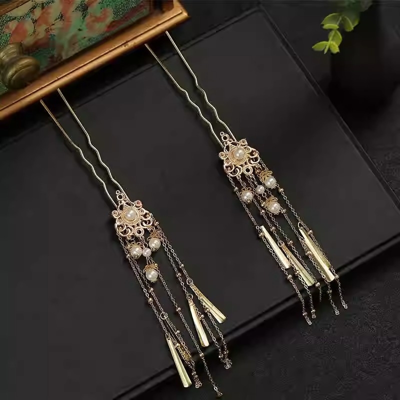 Clip de păr cu perle și ciucuri, stil retro, formă romb, aliaj, Vara 2024