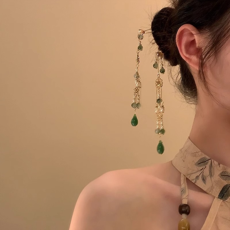 Clip de păr cu perle și ciucuri, stil retro, formă romb, aliaj, Vara 2024