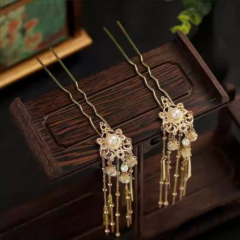 Clip de păr cu perle și ciucuri, stil retro, formă romb, aliaj, Vara 2024