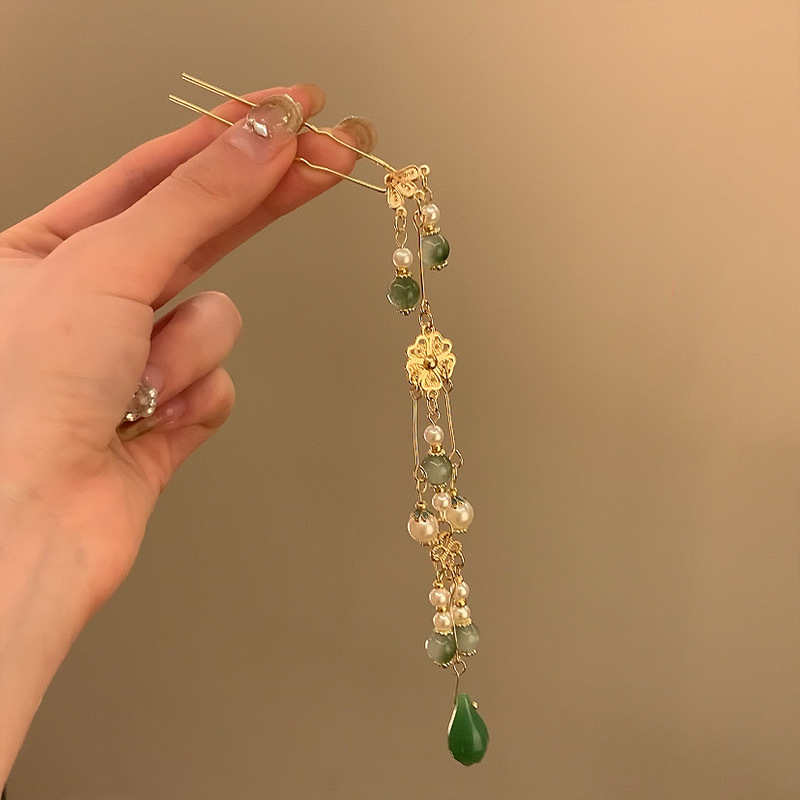 Clip de păr cu perle și ciucuri, stil retro, formă romb, aliaj, Vara 2024