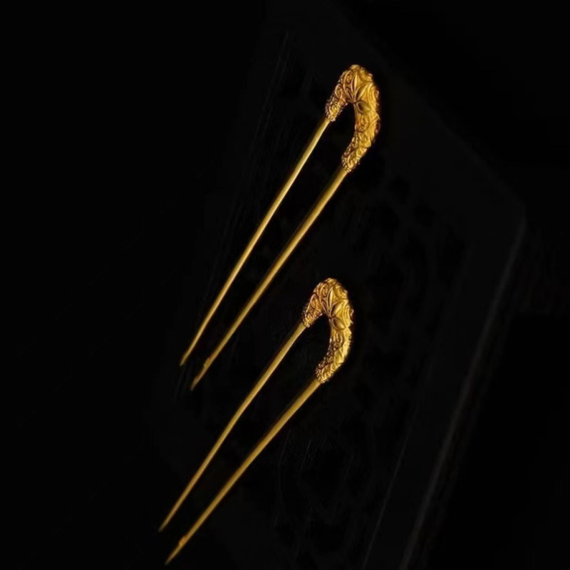 Rézből készült U-alakú hajtű aranyozott felülettel, Tang-dinasztia antik stílusú levélmotívummal, elektrolitikus plattálással, fejfedő kiegészítő