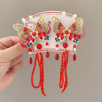 Vaikams skirta plaukų segtukų pora su išsiuvinėtu drugeliu, karoliukų kutais, plastmasinis plaukų aksesuaras etnine Hanfu stiliuje