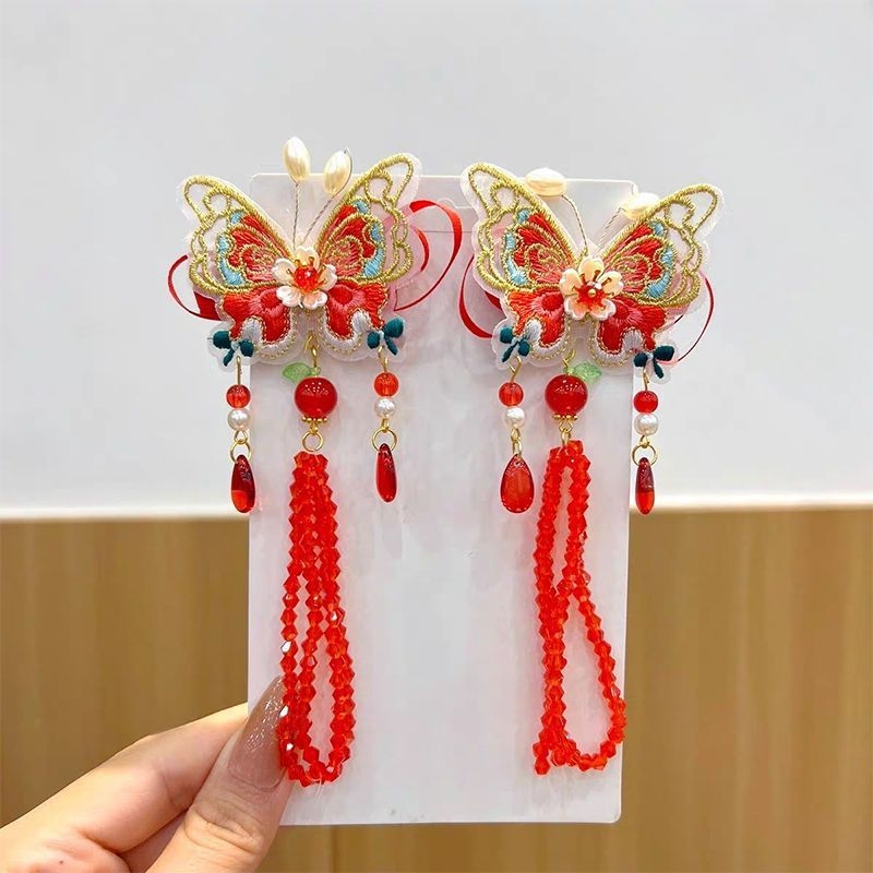 Vaikų plaukų segtukas su drugelio kutais ir siuvinėjimais, iš plastiko/rezinos, Hanfu etninio stiliaus, žiema 2024