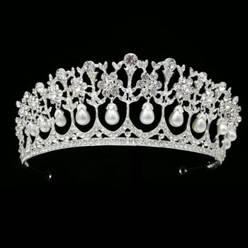 Menyasszonyi diadém, ötvözet, gyöngyökkel és kristályokkal, virágos stílus, fejfedő