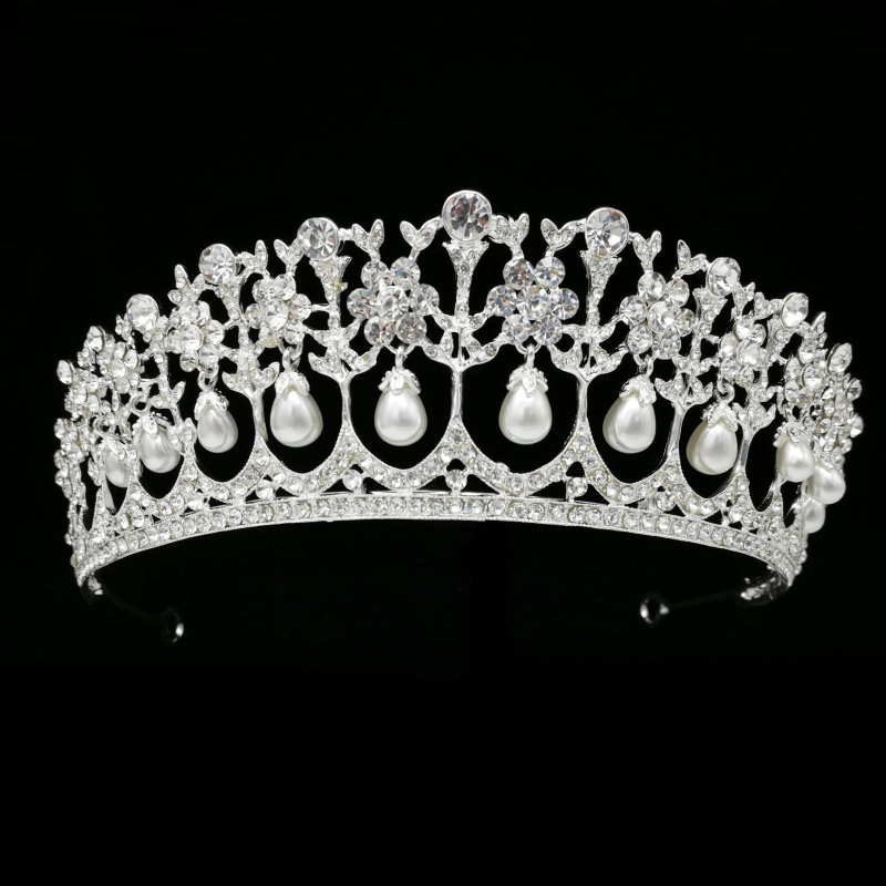 Menyasszonyi diadém, ötvözet, gyöngyökkel és kristályokkal, virágos stílus, fejfedő