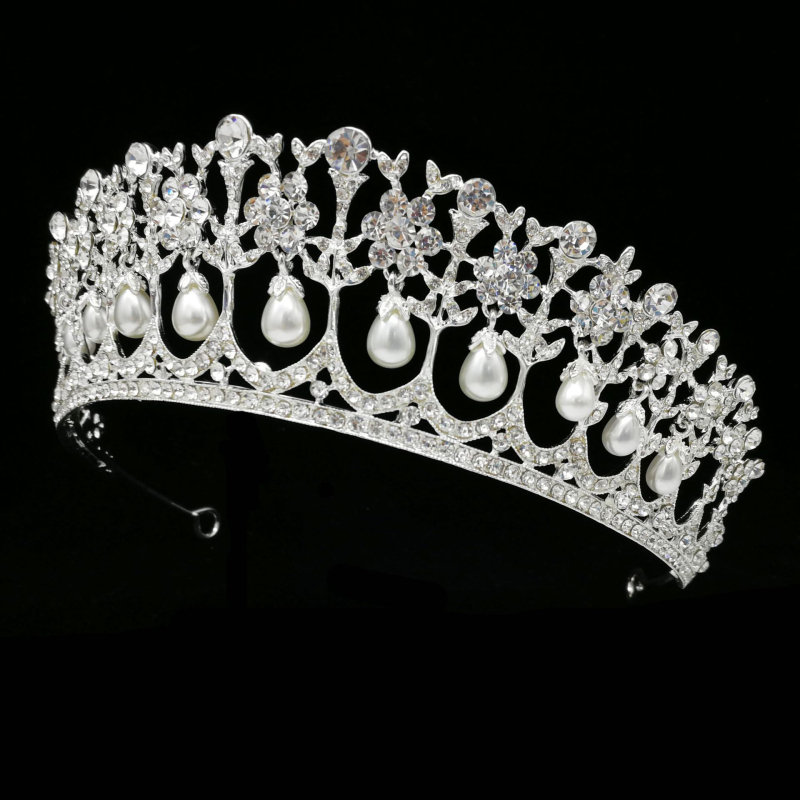Menyasszonyi diadém, ötvözet, gyöngyökkel és kristályokkal, virágos stílus, fejfedő