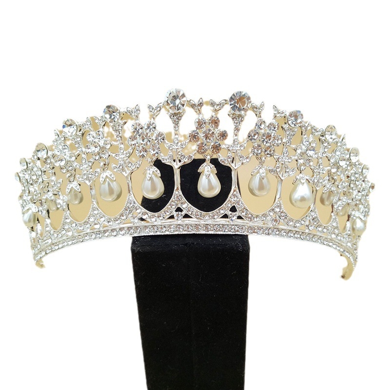 Menyasszonyi diadém, ötvözet, gyöngyökkel és kristályokkal, virágos stílus, fejfedő