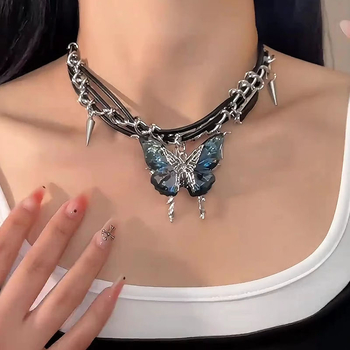 Κολιέ με gradient πεταλούδας για γυναίκες - μακρύ κολιέ από κράμα ψευδάργύρου, βιντάζ στυλ, σχήμα φιόγκο, Xinrong