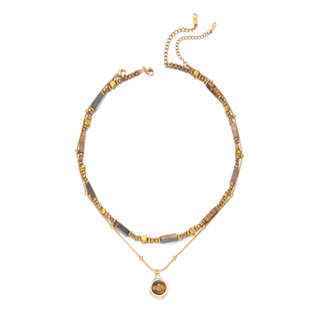 Tigriszem gyöngyös nyaklánc, kézzel készített, kígyócsont lánccal, többszintű dizájn, rozsdamentes acél medállal