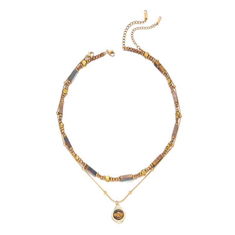 Tigriszem gyöngyös nyaklánc, kézzel készített, kígyócsont lánccal, többszintű dizájn, rozsdamentes acél medállal