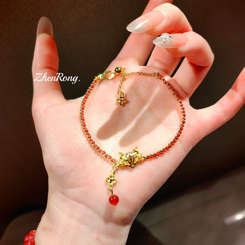 Set brățară și inel cu mască de vulpe – cupru, tăiere diamant, lanț telescopic reglabil, motif animal, stil feminin retro chinezesc, lansare toamnă 2025