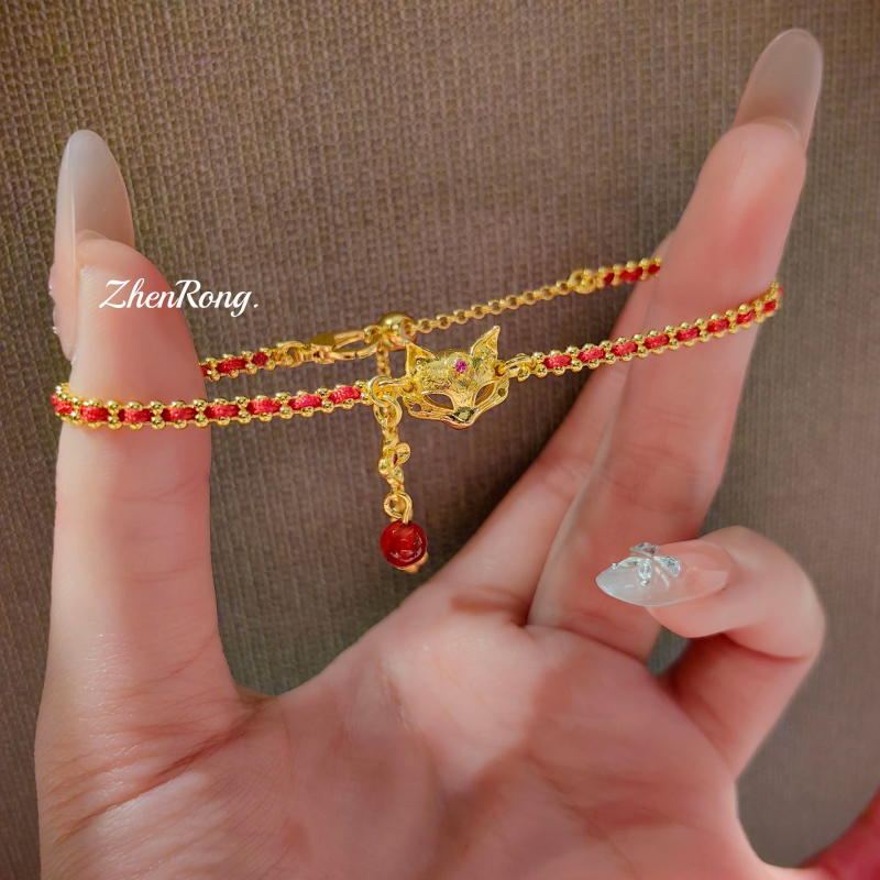 Set brățară și inel cu mască de vulpe – cupru, tăiere diamant, lanț telescopic reglabil, motif animal, stil feminin retro chinezesc, lansare toamnă 2025