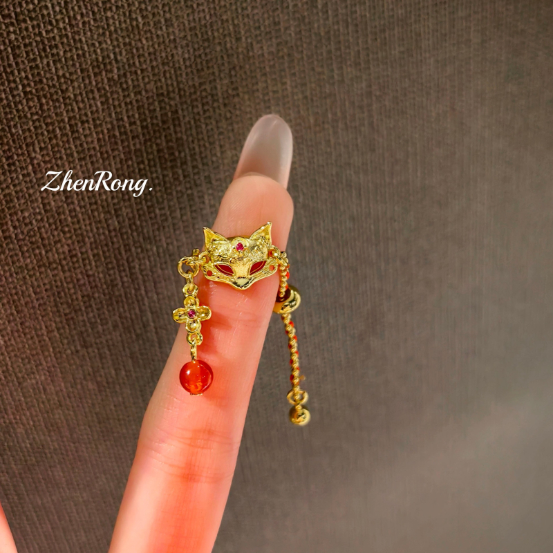 Set brățară și inel cu mască de vulpe – cupru, tăiere diamant, lanț telescopic reglabil, motif animal, stil feminin retro chinezesc, lansare toamnă 2025