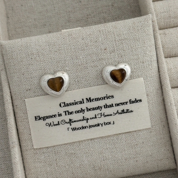 Set colier și cercei cu piatră ochi de tigru, inimă, din argint 925, încrustate, stil retro-coreean