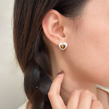 Set colier și cercei cu piatră ochi de tigru, inimă, din argint 925, încrustate, stil retro-coreean