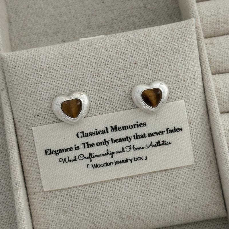 Set colier și cercei cu piatră ochi de tigru, inimă, din argint 925, încrustate, stil retro-coreean