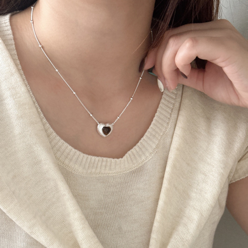 Set colier și cercei din argint 925 cu piatră ochi de tigru, motiv inimă, lanț simplu