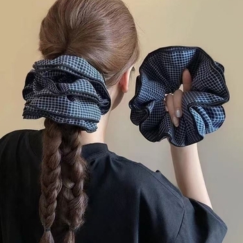 Karirano dvostruko oversize gumica za kosu, tkanina, stil Koreja/Japan