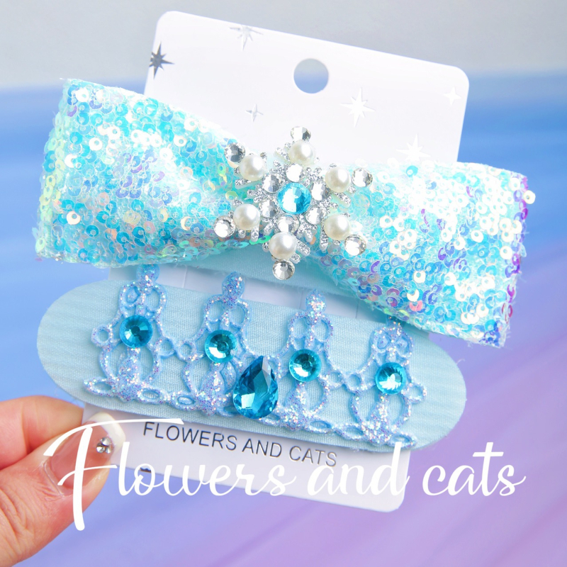 Bērnu matu aksesuāru komplekts ar Velcro galvas joslu, matu spraudņi un gumijas, rokām darināts audums, FLOWERS AND CATS zīmols, karikatūru stils