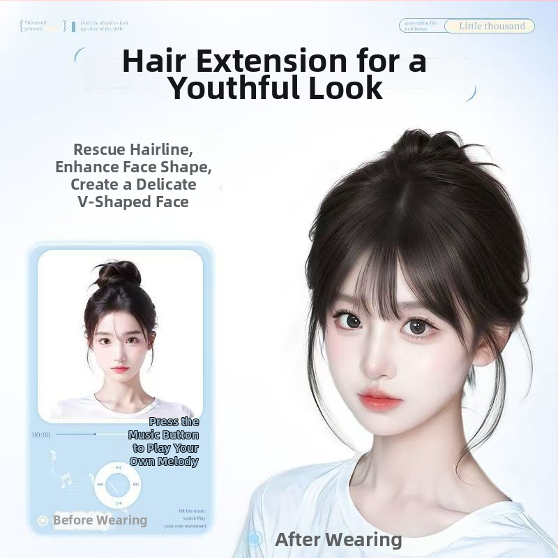 Franču stila malas plaukų pievienojums, plānas neredzamas gaisīgās bangs, maisījums no īstiem matiem, daļēji rokdarbs, piešķir apjomu vainaga zonai