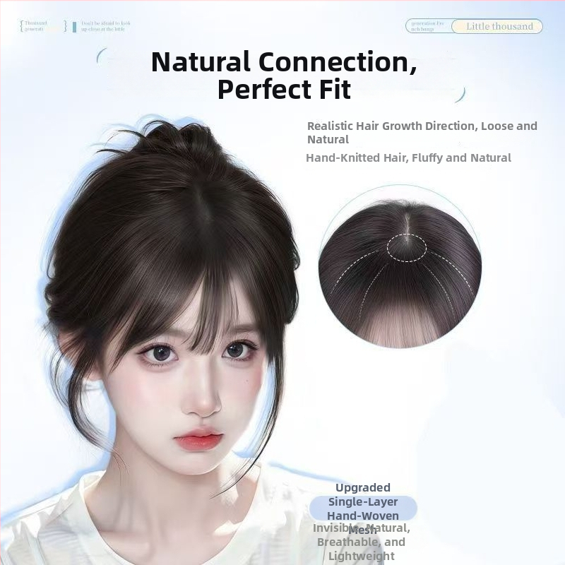 Franču stila malas plaukų pievienojums, plānas neredzamas gaisīgās bangs, maisījums no īstiem matiem, daļēji rokdarbs, piešķir apjomu vainaga zonai