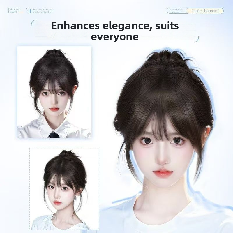 Franču stila malas plaukų pievienojums, plānas neredzamas gaisīgās bangs, maisījums no īstiem matiem, daļēji rokdarbs, piešķir apjomu vainaga zonai