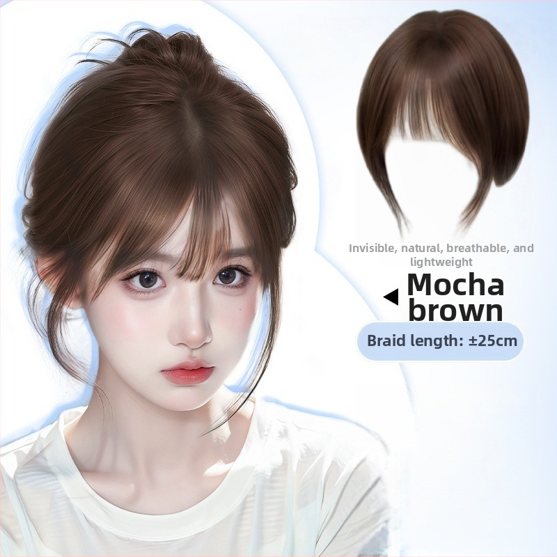 Franču stila malas plaukų pievienojums, plānas neredzamas gaisīgās bangs, maisījums no īstiem matiem, daļēji rokdarbs, piešķir apjomu vainaga zonai