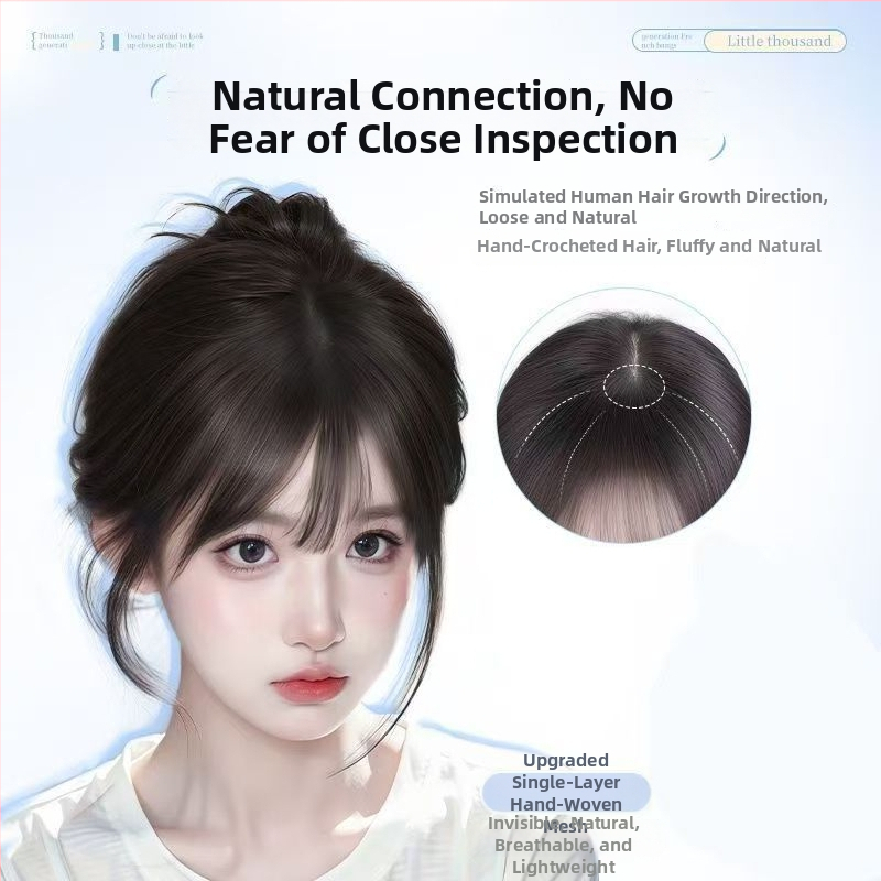 Franču stila bangs matu lāsiņa, puse roku adīts zīda matu maisījums, apjoms un galvas augšējās daļas pārklājums, bangs taisnas vai slīpās