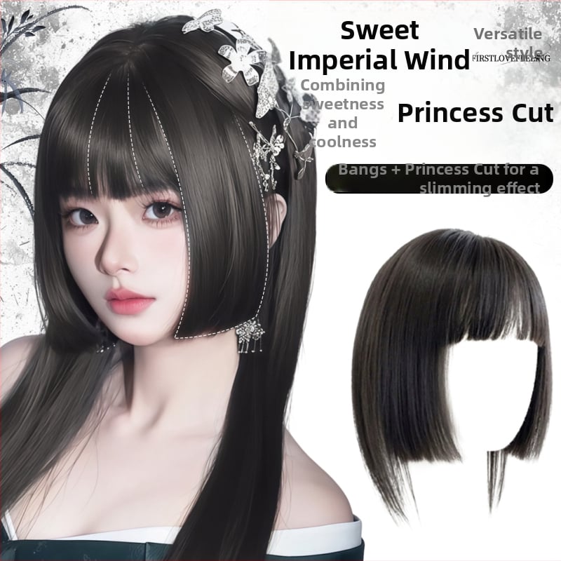 Princese griezuma bangs parūka, daļēji rokām austā, sajaukta zīda matu šķiedra, modelis Zf-d59, augšējais apjoms, dabiskā piere