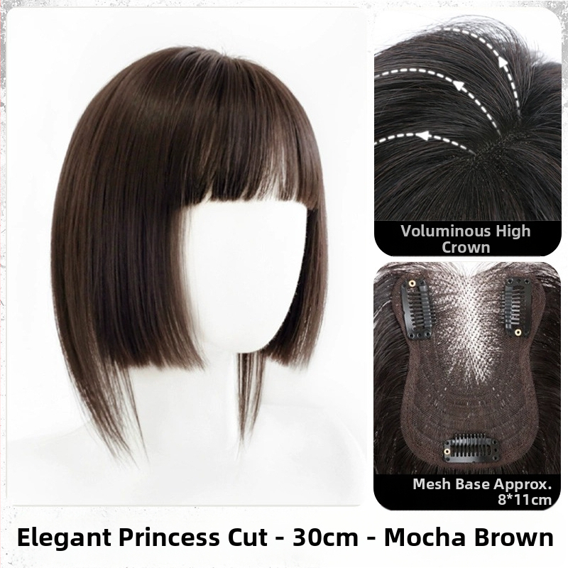 Princese griezuma bangs parūka, daļēji rokām austā, sajaukta zīda matu šķiedra, modelis Zf-d59, augšējais apjoms, dabiskā piere