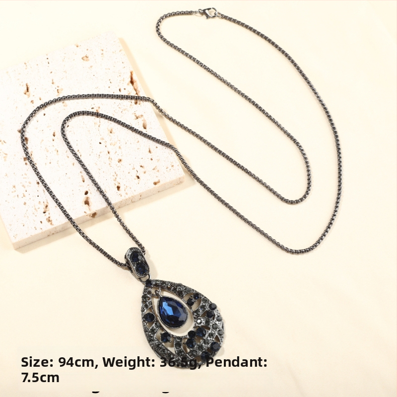 Ilga kaklo grandinė su lašinio formos pakabuku, gyvatės grandine, lydinys, ilgis 81 cm+