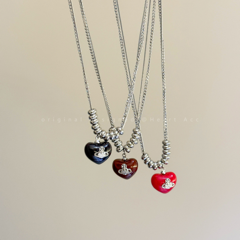 Колие със сърцевидни мъниста, многослойно, клавикуларна верижка, метална висулка, смесени материали, пасторален стил