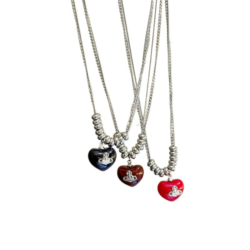 Колие със сърцевидни мъниста, многослойно, клавикуларна верижка, метална висулка, смесени материали, пасторален стил
