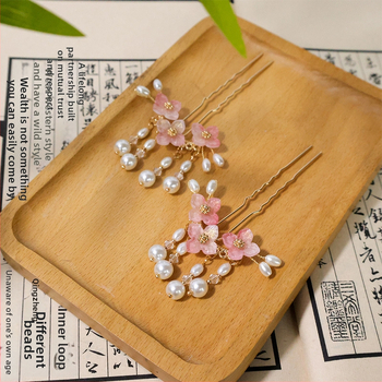 Hanfu plaukų segtukas – U-hairpin su perlų kutais, etninis stilius, rankų darbo lydinys, kilmė: Shandong, vasara 2024