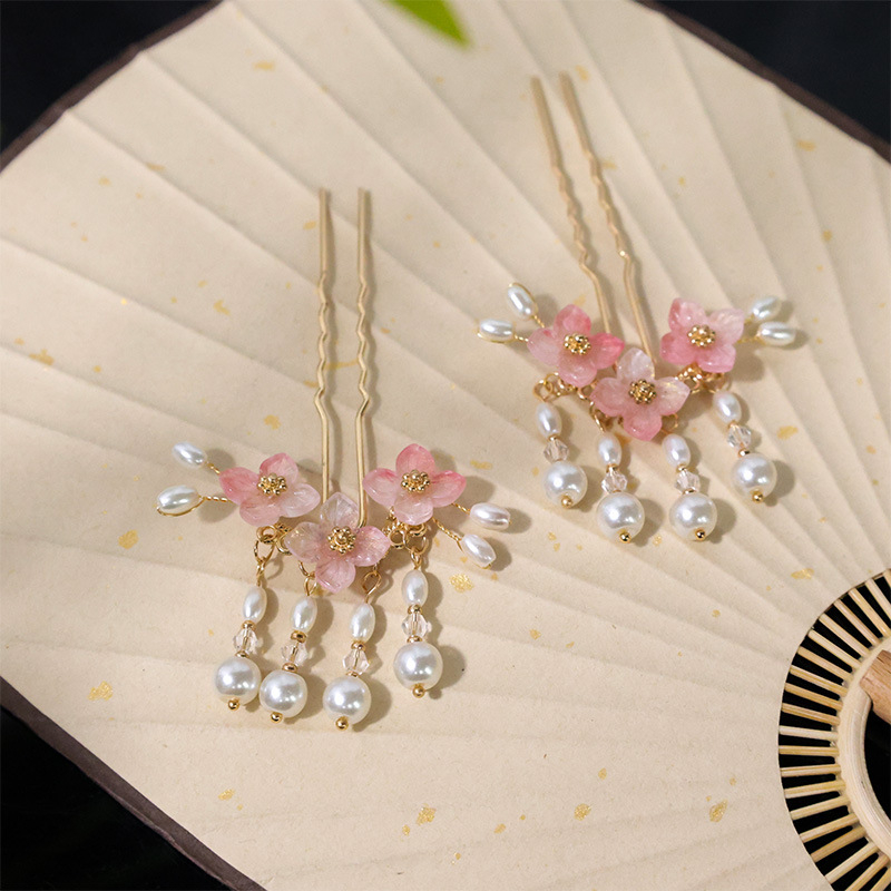 Hanfu plaukų segtukas – U-hairpin su perlų kutais, etninis stilius, rankų darbo lydinys, kilmė: Shandong, vasara 2024